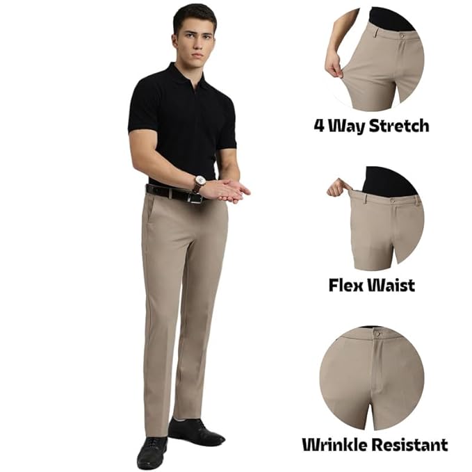 SUBTRACT Men 4 Way Stretch Wrinkle Free Slim Fit Formal Trouser with 2 inch Flexible Waistband | Men's Pants for Office or Party